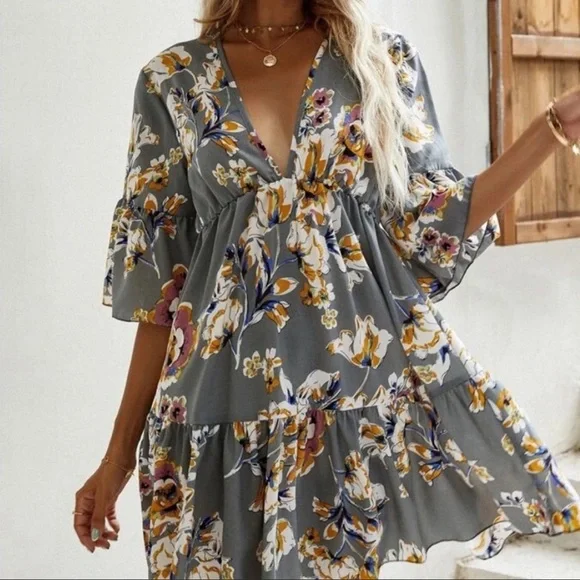 Boho Plus Size Floral Print Ruffle Hem Mini Dress - Picture 11 of 13